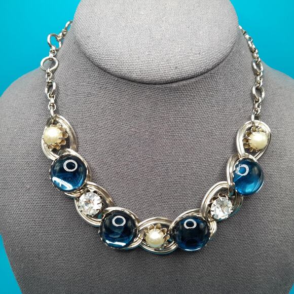 Vintage Blue Cabochon Choker Necklace, Faux Pearl Clear Rhinestone, 1950 Jewelry - Picture 9 of 10